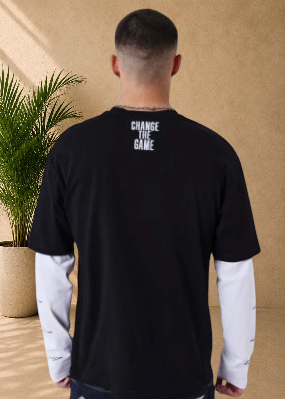 Stayin black and white boxy fit cotton t-shirt with layered long sleeves and Change The Game back print
