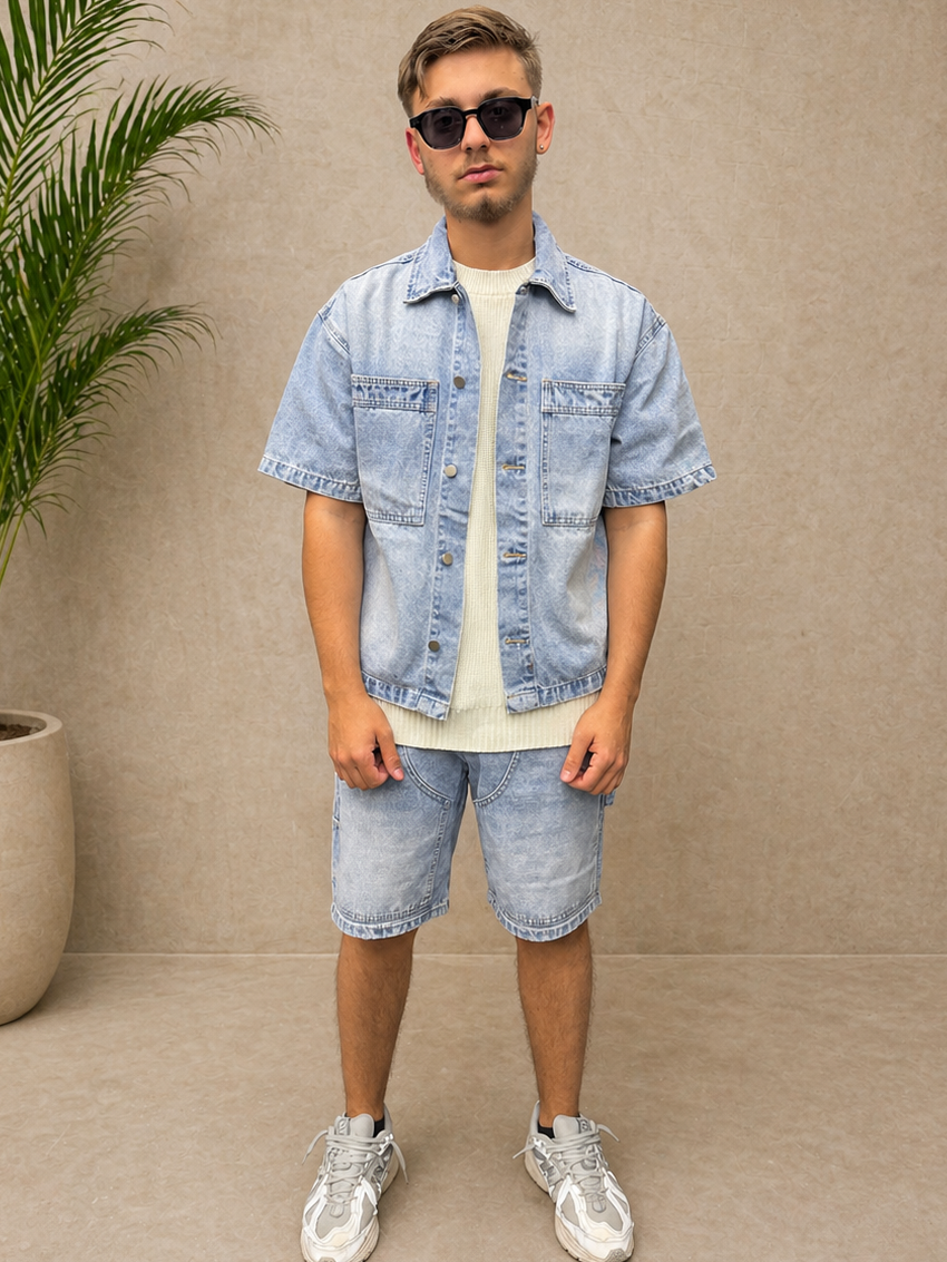 Ensemble short et chemise en jean bleu ciel