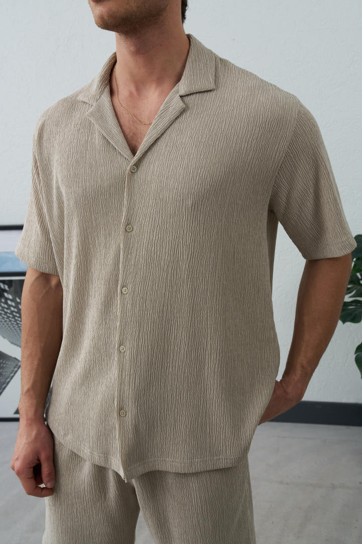 Chemise manche courte texturé beige
