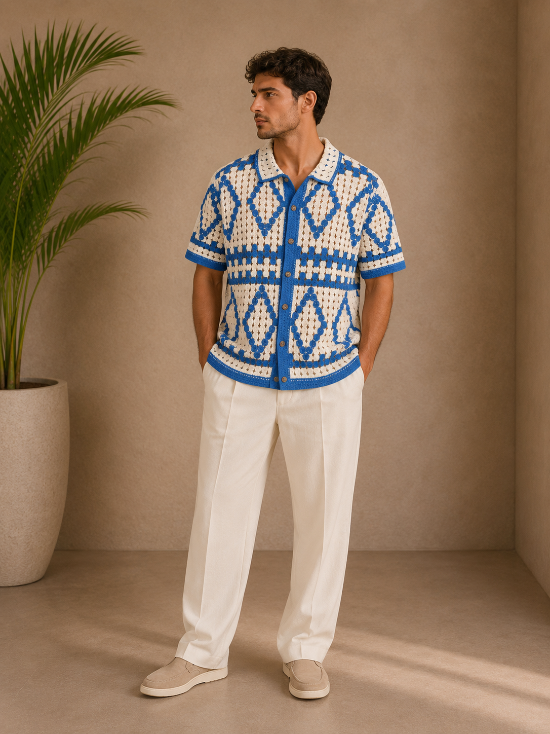 Chemise crochet blanche et bleu