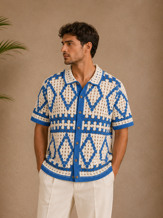 Chemise crochet blanche et bleu