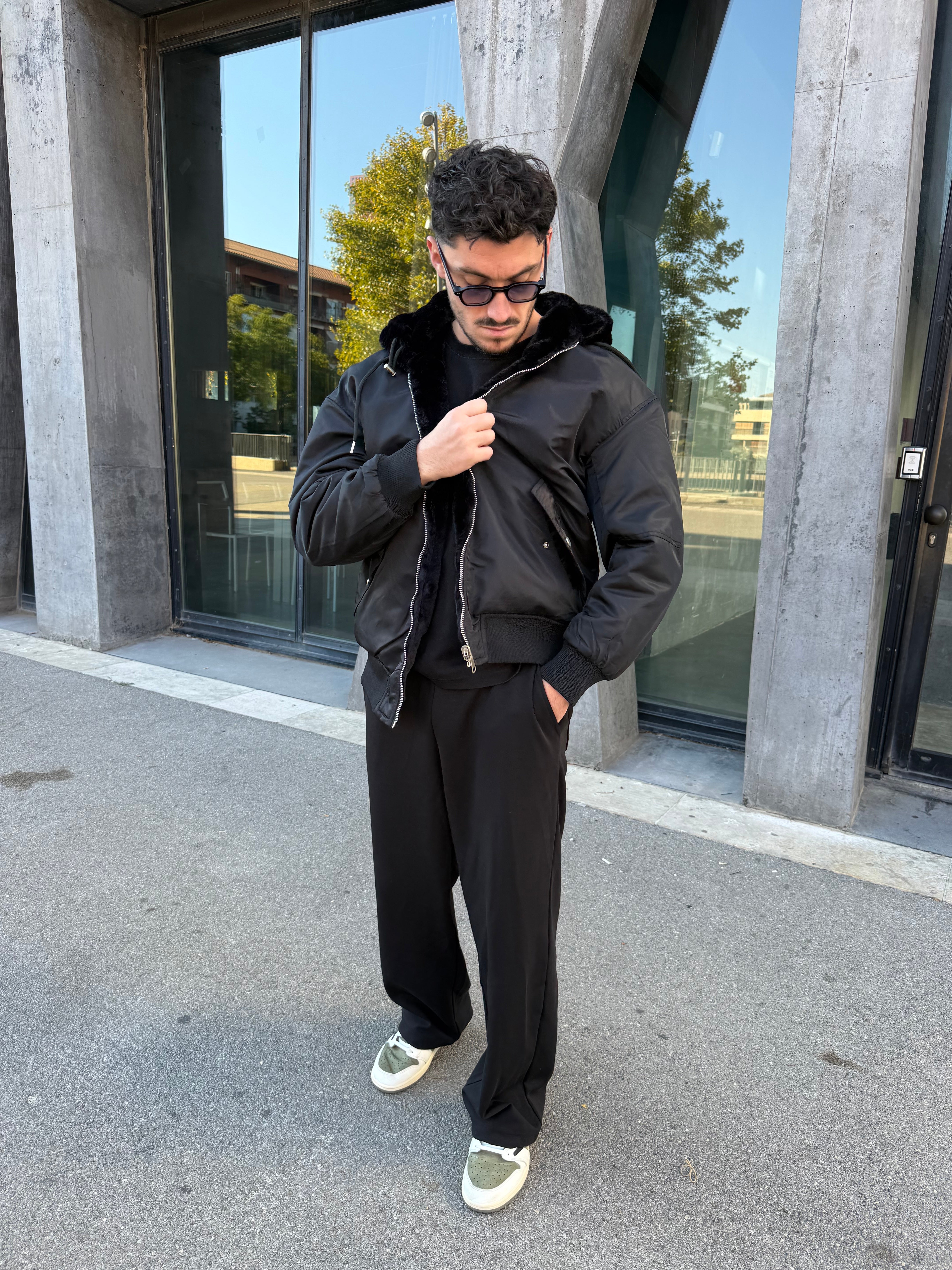 Veste réversible noir nylon / fourrure