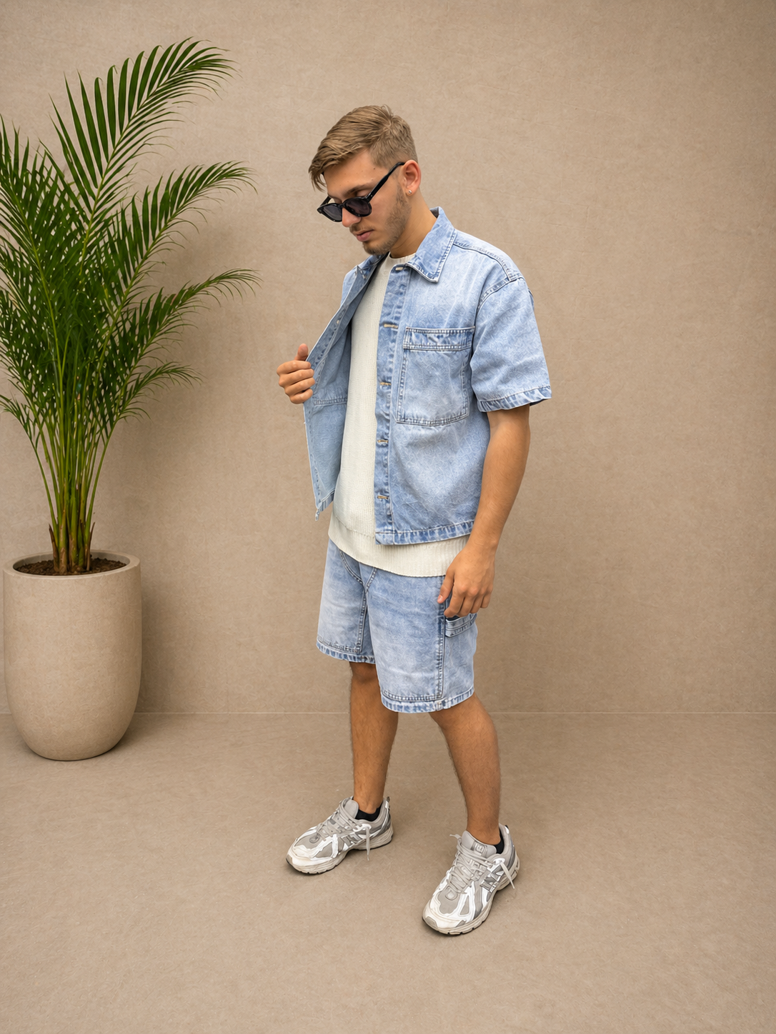 Ensemble short et chemise en jean bleu ciel