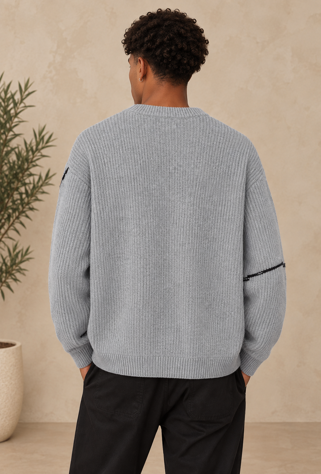 Pull maille gris motif noir