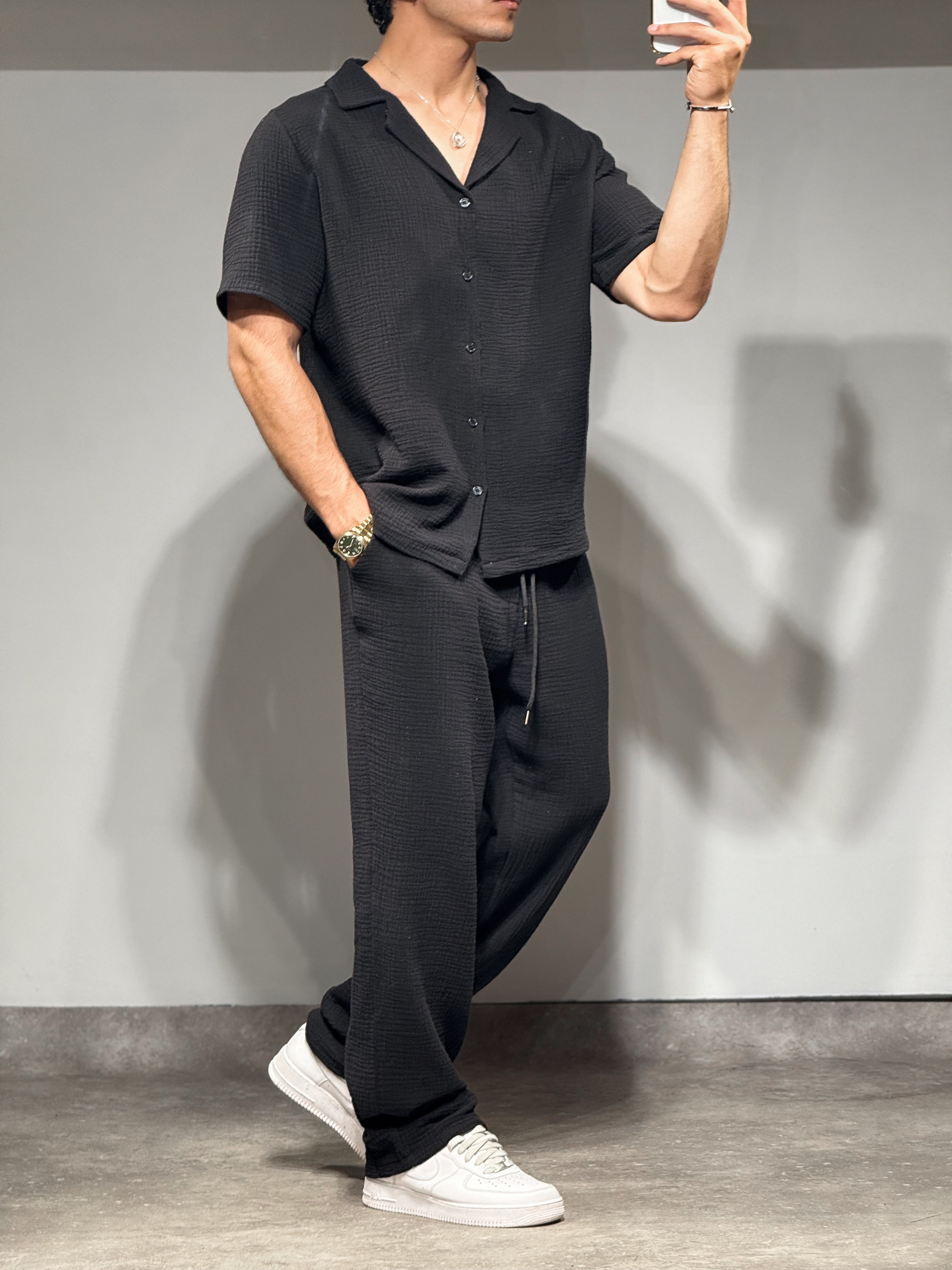 Ensemble pantalon + chemise gaz coton noir