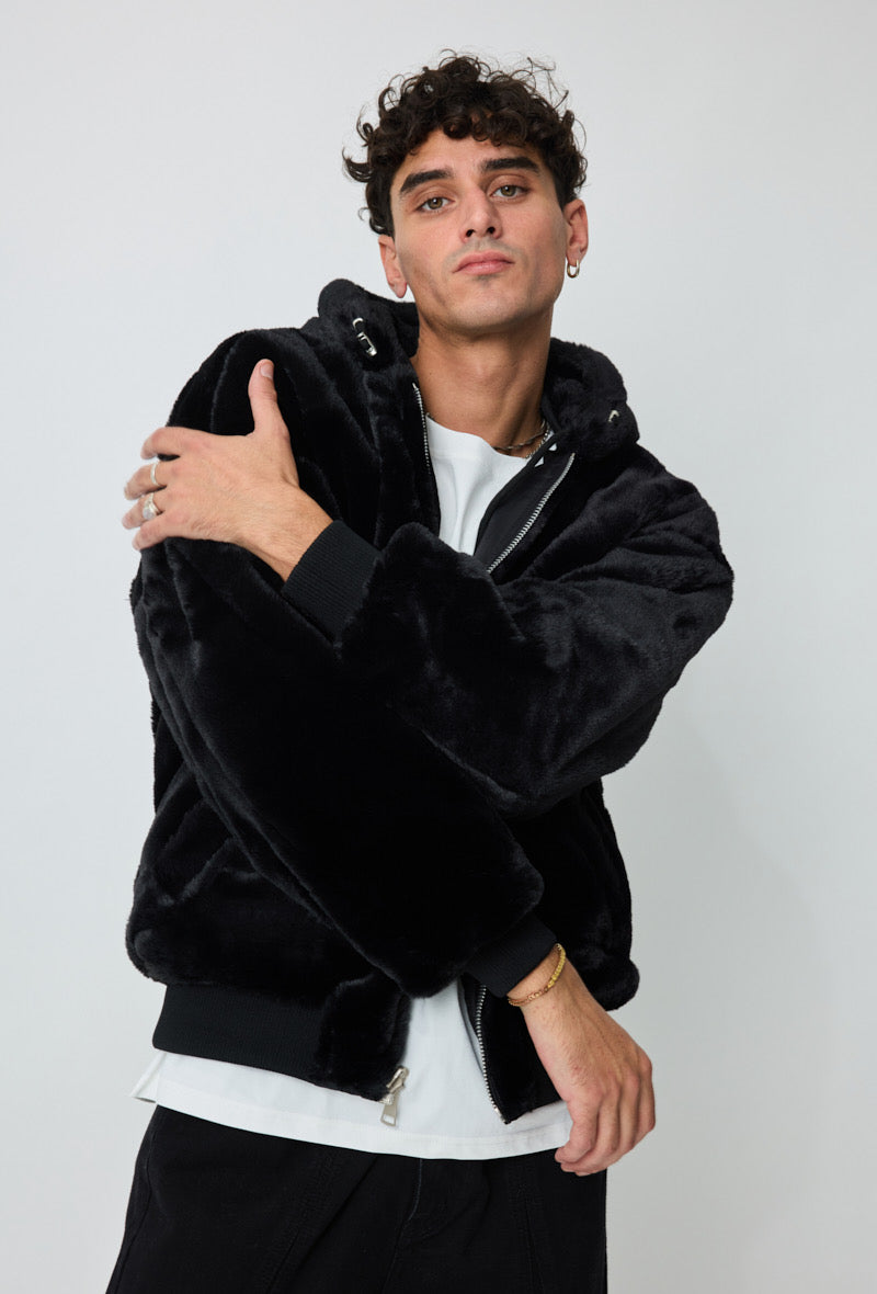 Veste réversible noir nylon / fourrure