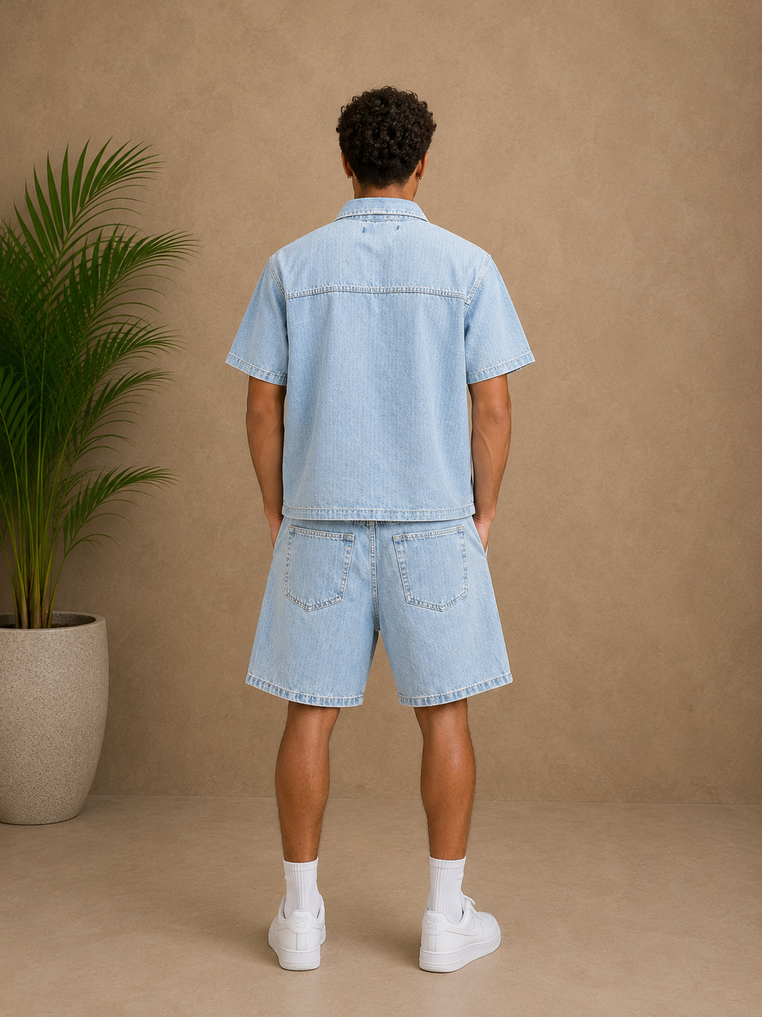 Ensemble short et chemise jean bleu rayures