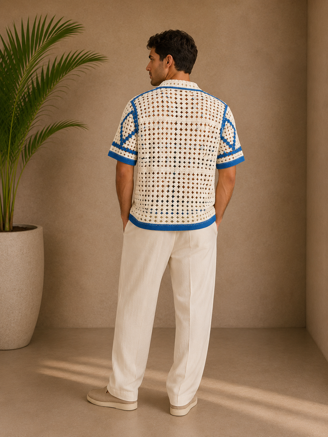 Chemise crochet blanche et bleu