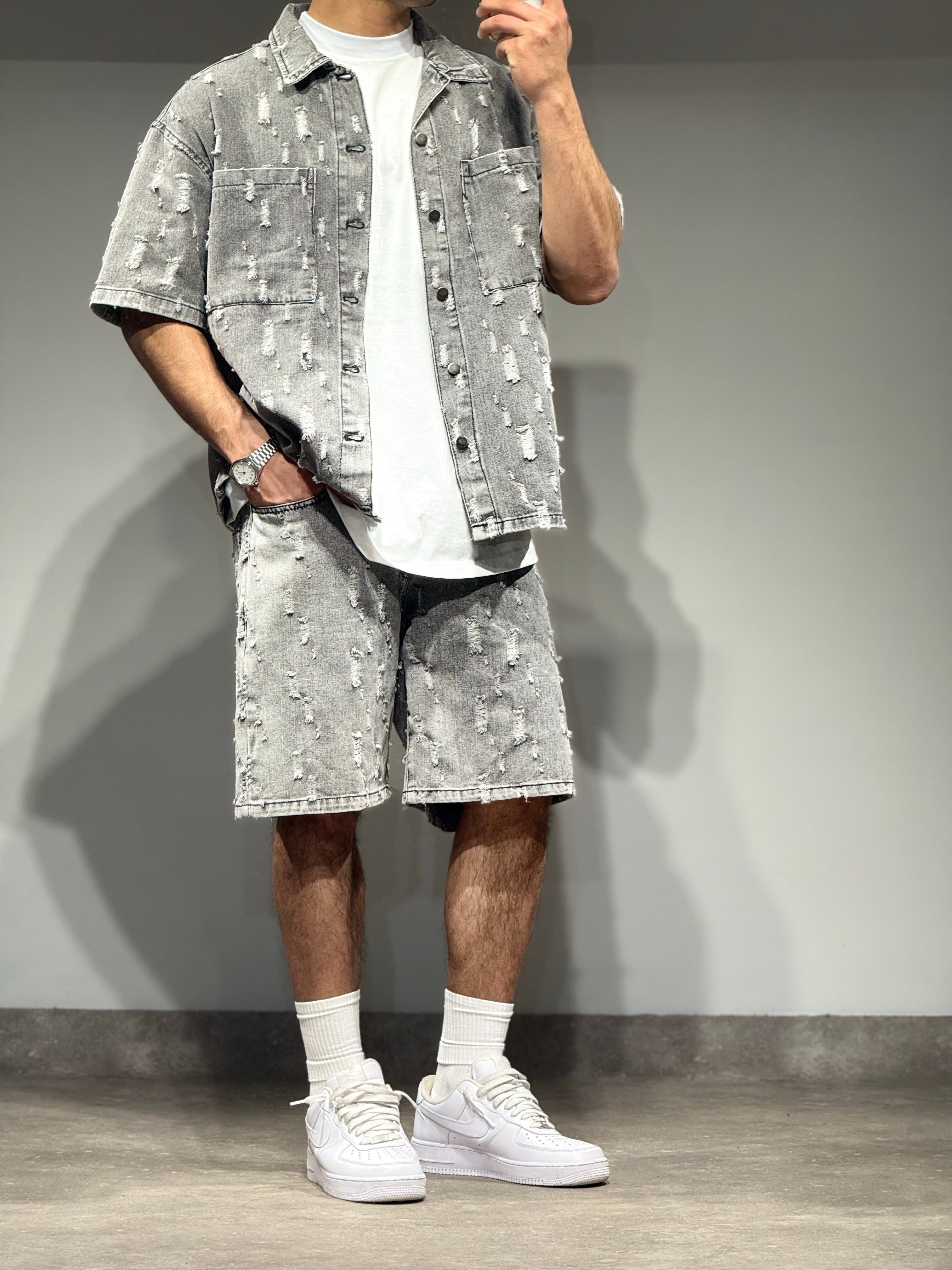 Ensemble Jean short + chemise gris destroy