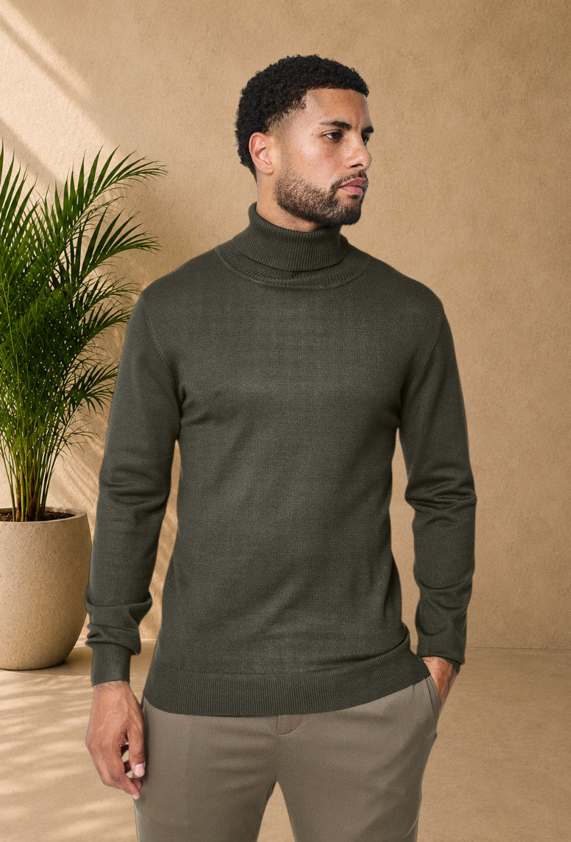Stayin khaki slim-fit turtleneck sweater worn by a male model against a white background