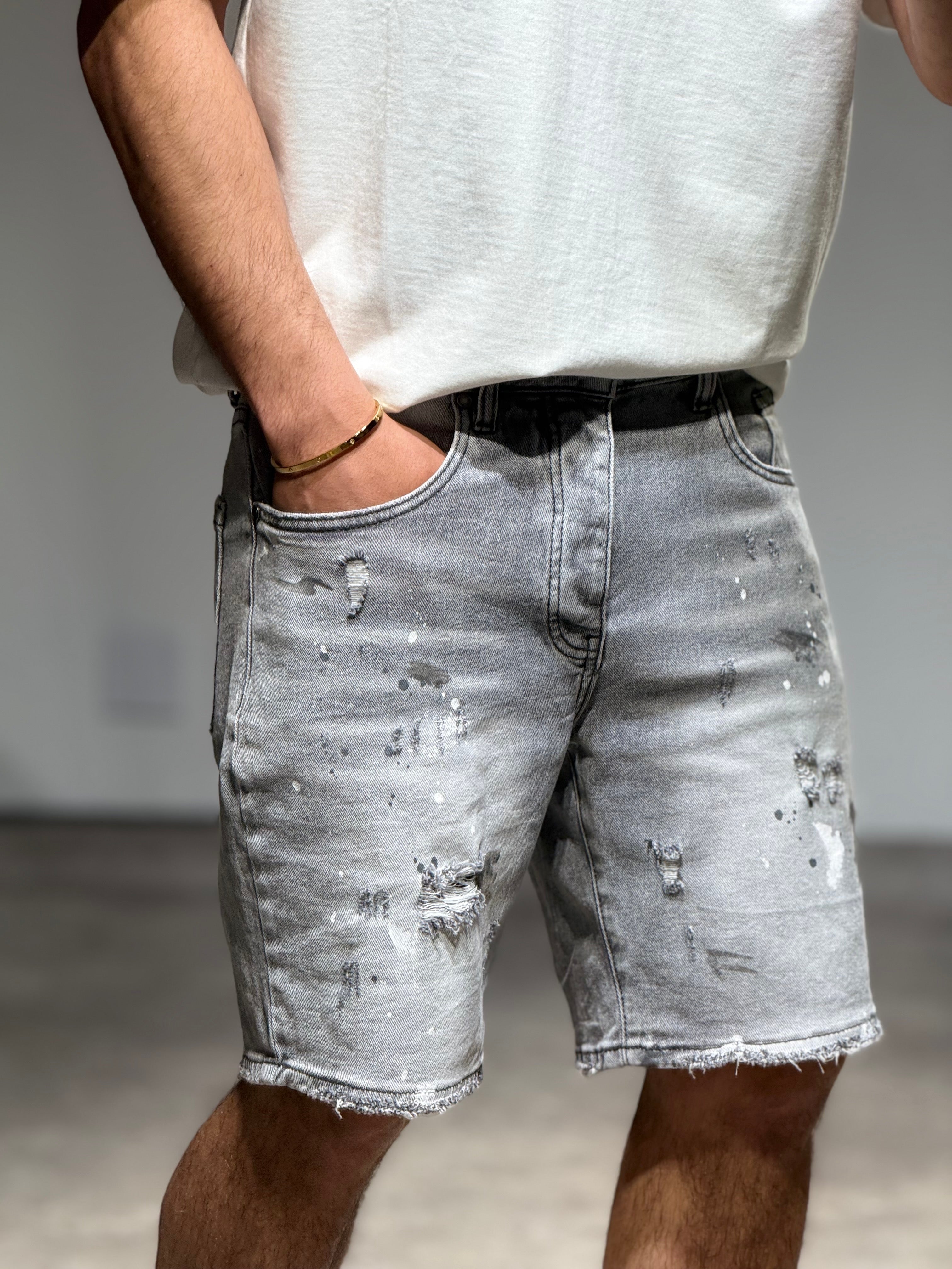 Short en Jean destroy gris clair