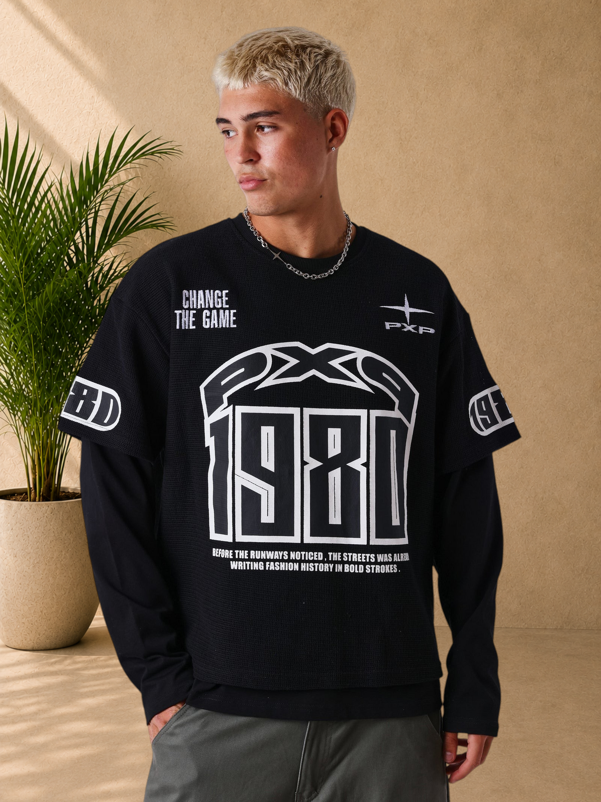 Stayin black PXP Matchday long sleeve cotton t-shirt with layered effect and large 1980 graphic print on chest