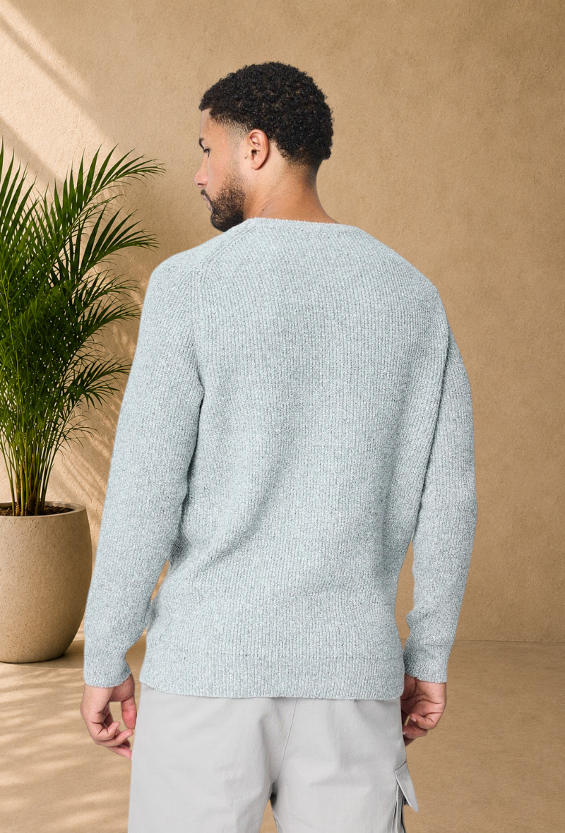 Stayin grey ribbed knit sweater worn by a man, back view showing classic crew neck and comfortable fit.