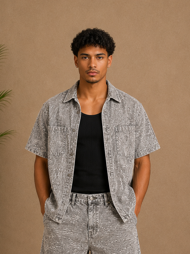 Ensemble short et chemise gris destroy