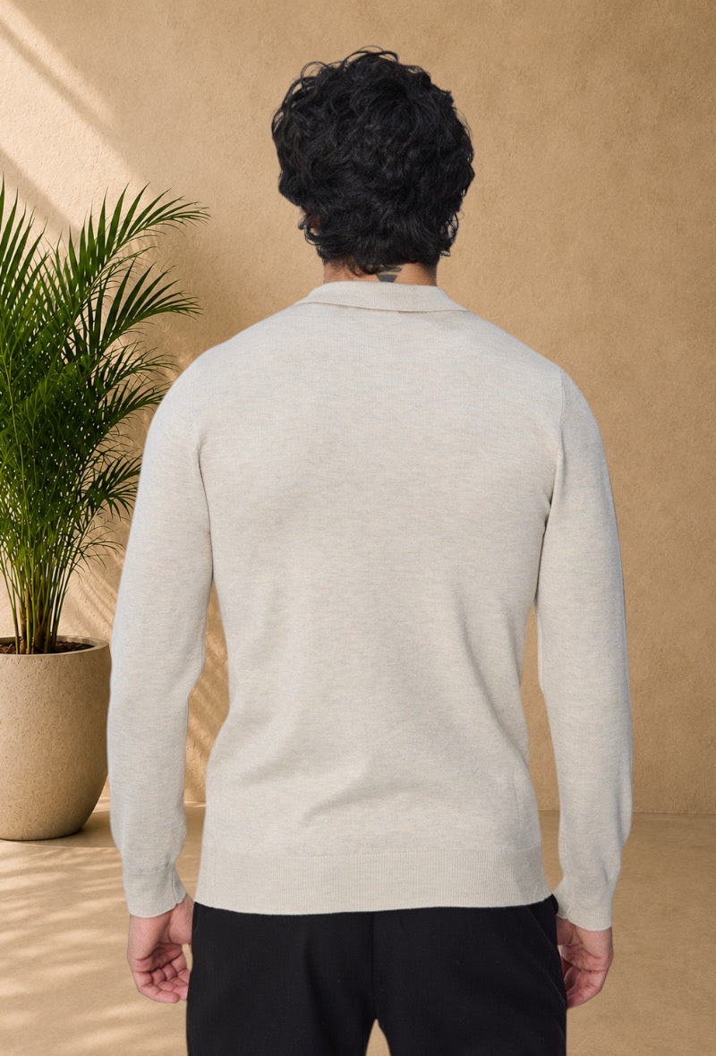 Stayin beige long sleeve polo sweater with zip collar worn by a man, back view
