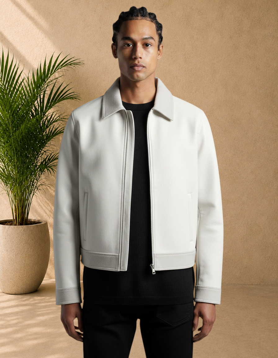 Stayin off-white zip-up jacket with a structured collar worn by a male model against a white background
