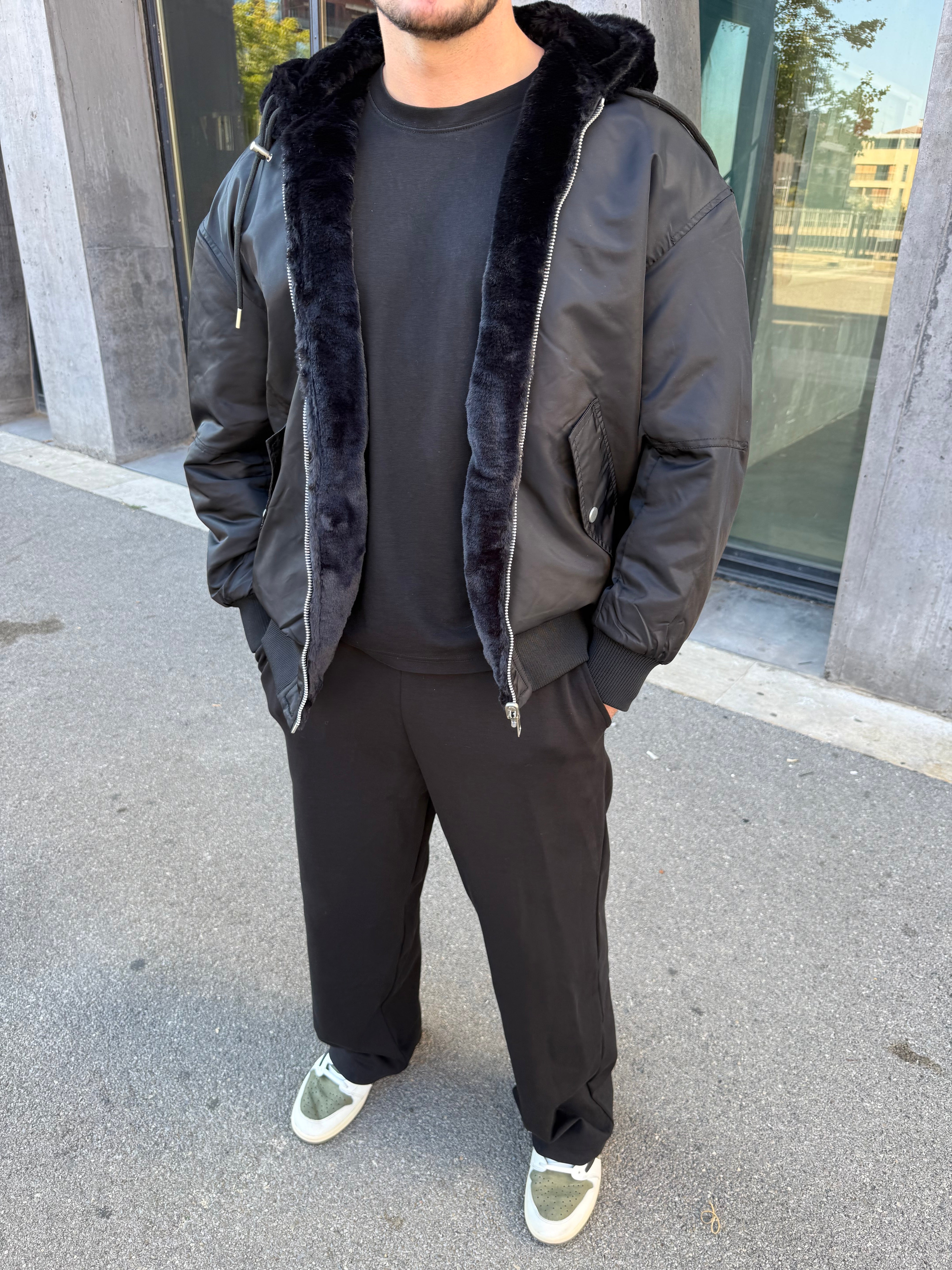 Veste réversible noir nylon / fourrure