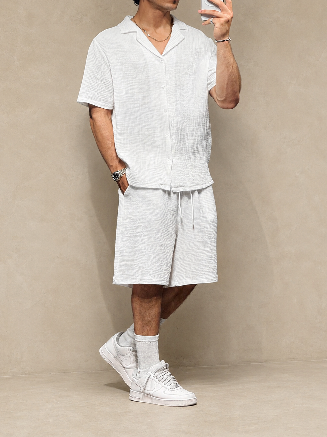 Ensemble short + chemise gaz coton blanc