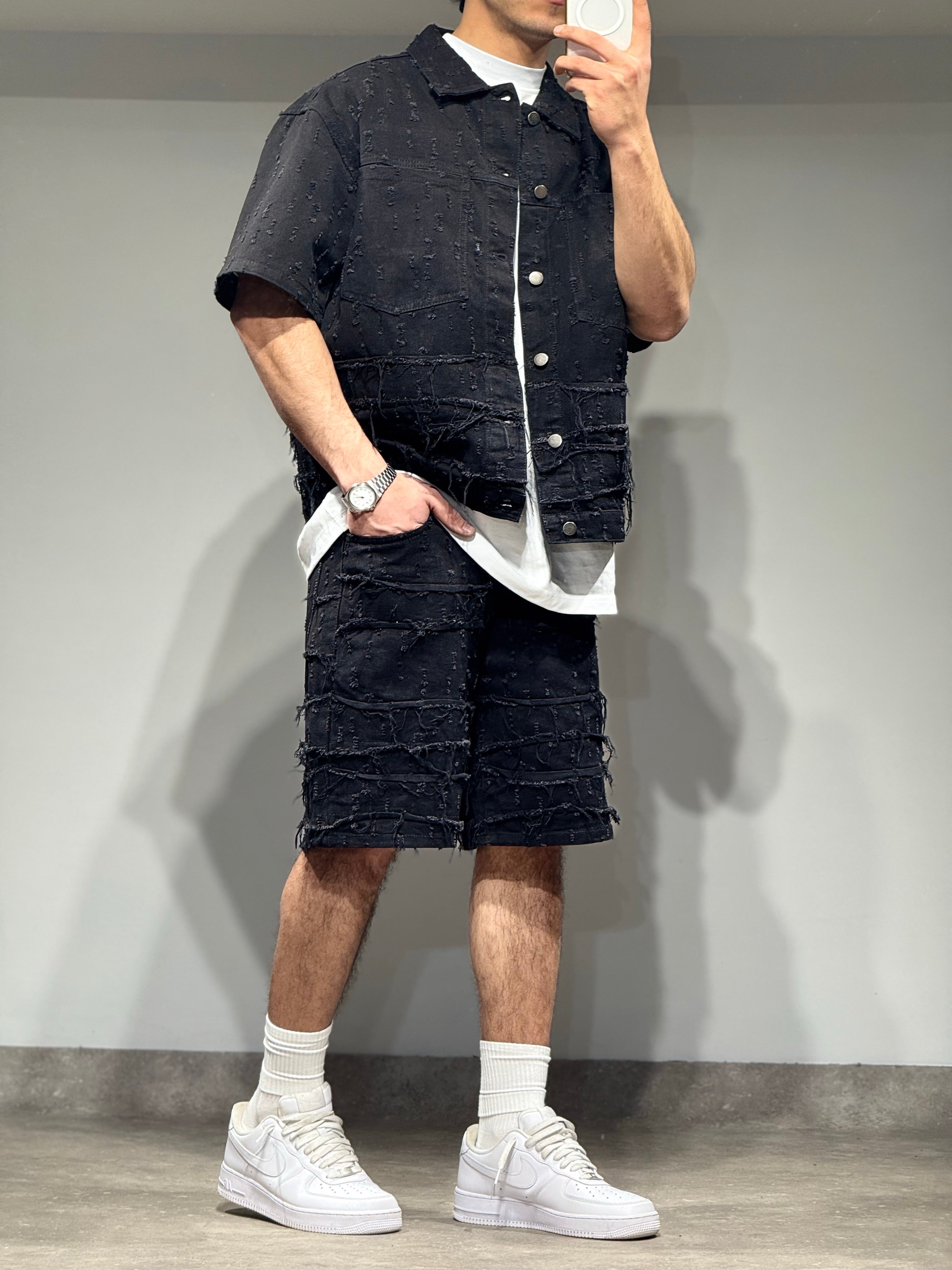 Ensemble Jean short + chemise noir destroy