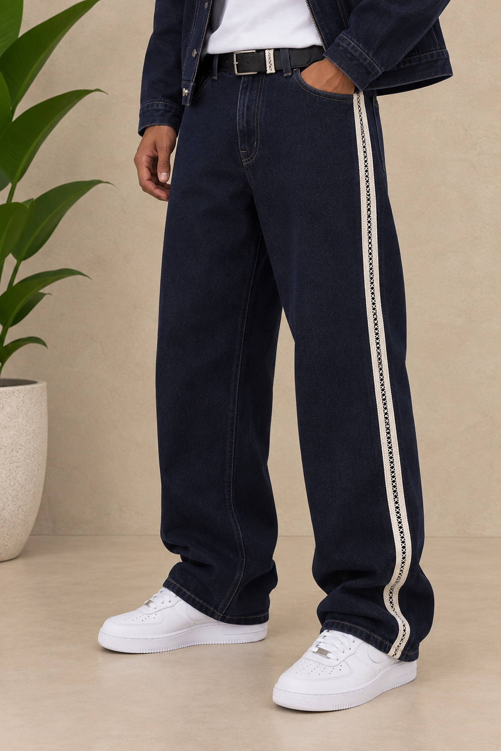 PXP - PANTALON DENIM A BANDE CROCHETS BEIGE