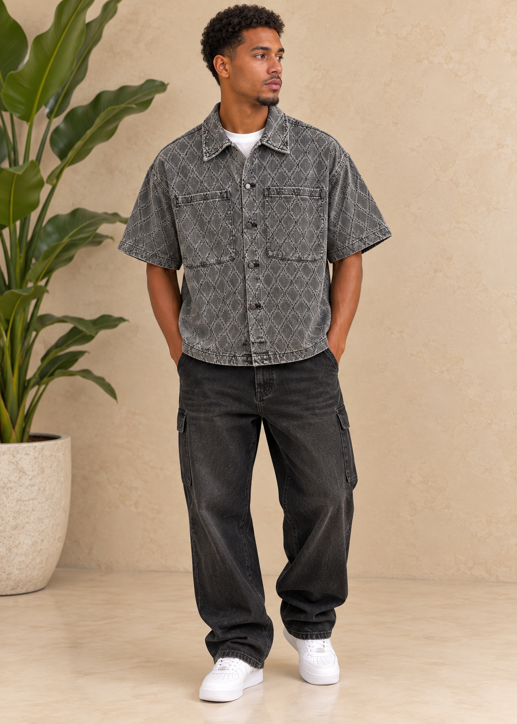 Chemise en jean gris losange