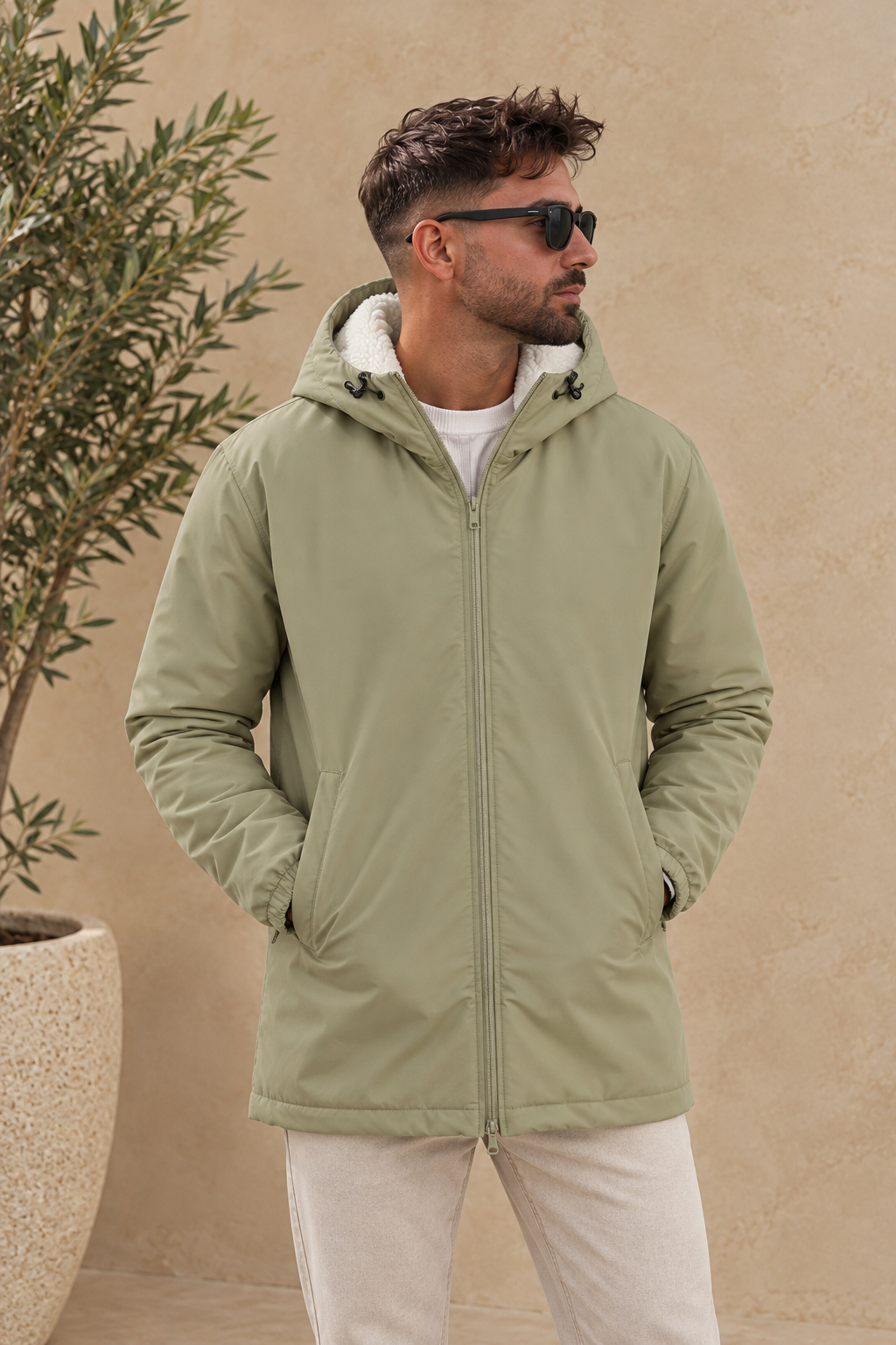 Veste capuche longue beige fourrée