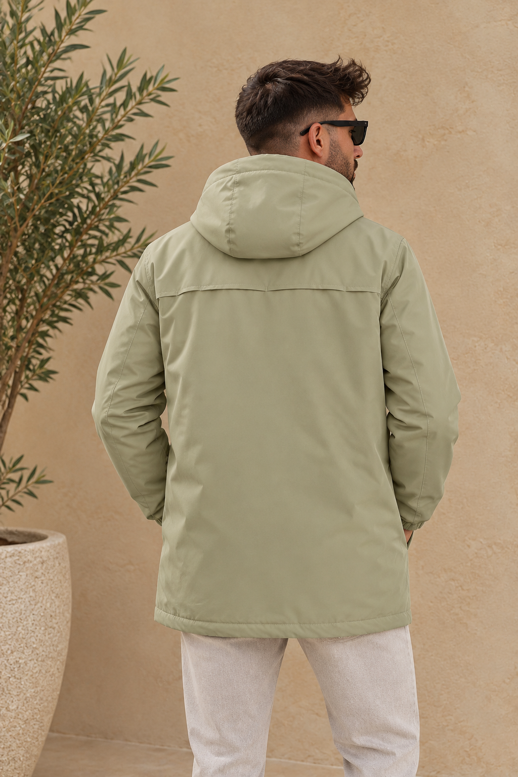 Veste capuche longue beige fourrée