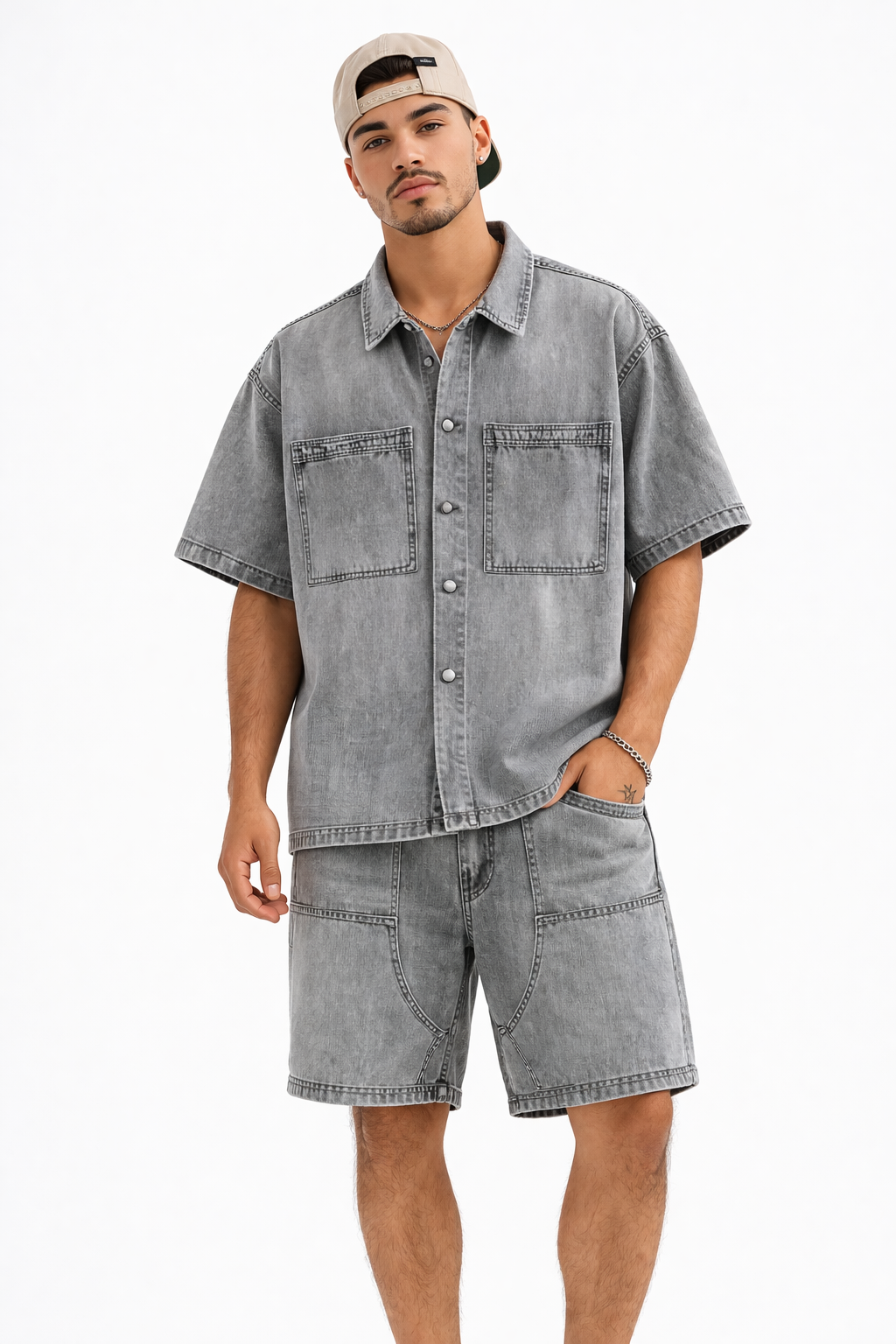 Ensemble short et chemise en jean gris