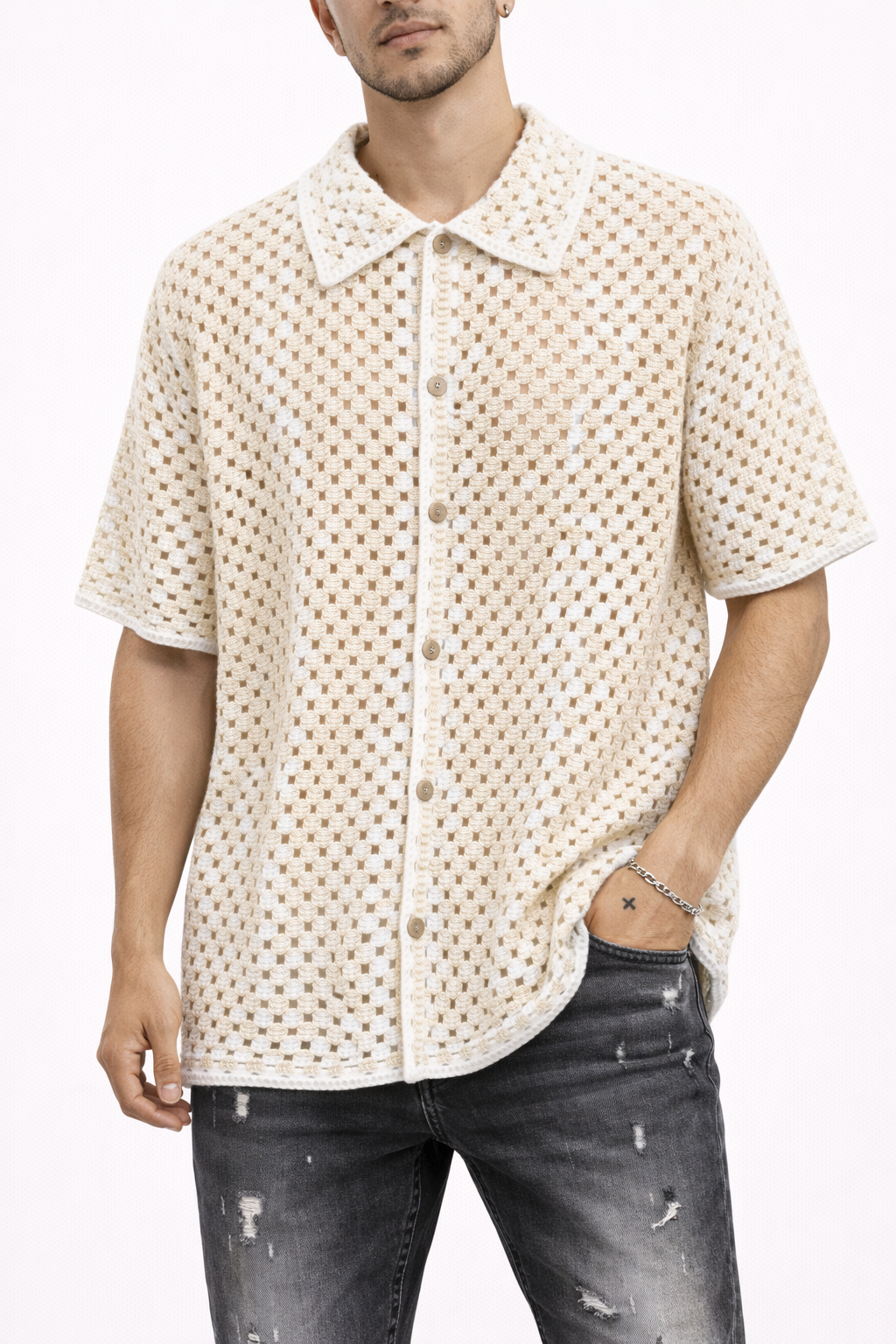 Chemise crochet beige et blanche