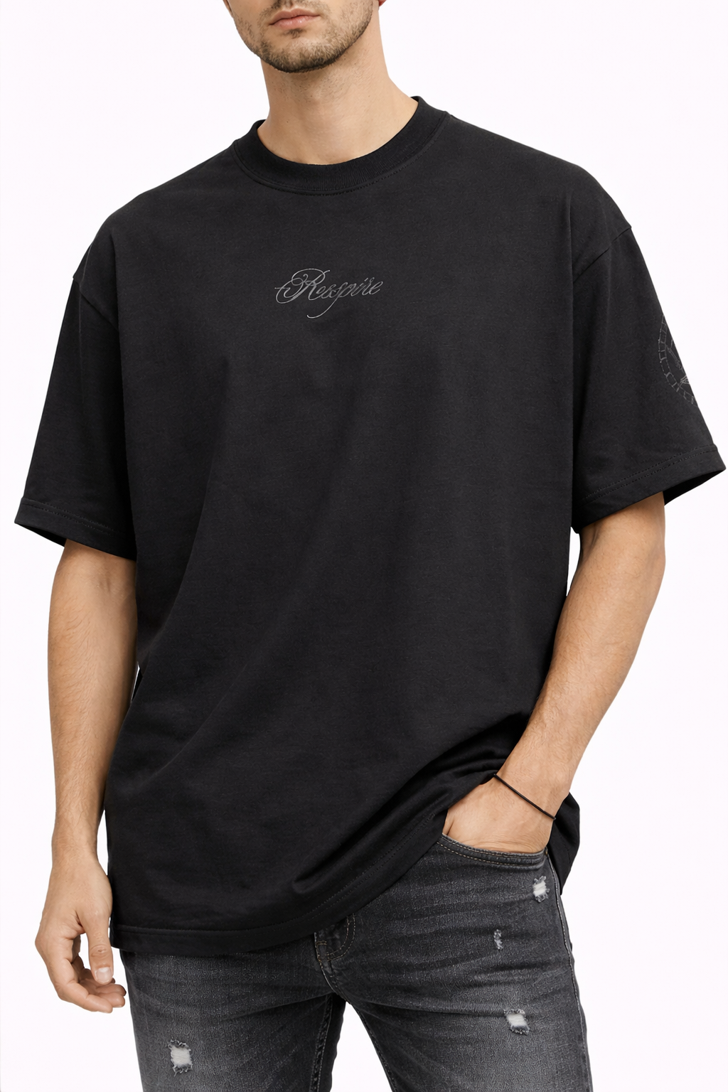 T-shirt oversize RESPIRE noir motifs cercles brodés