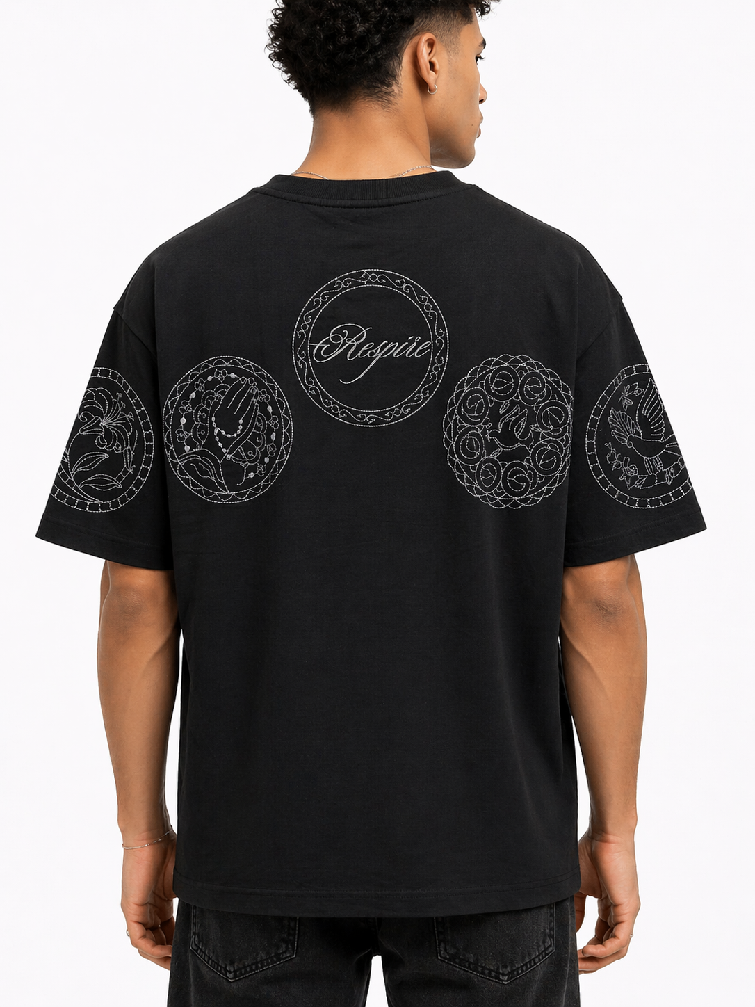 T-shirt oversize RESPIRE noir motifs cercles brodés