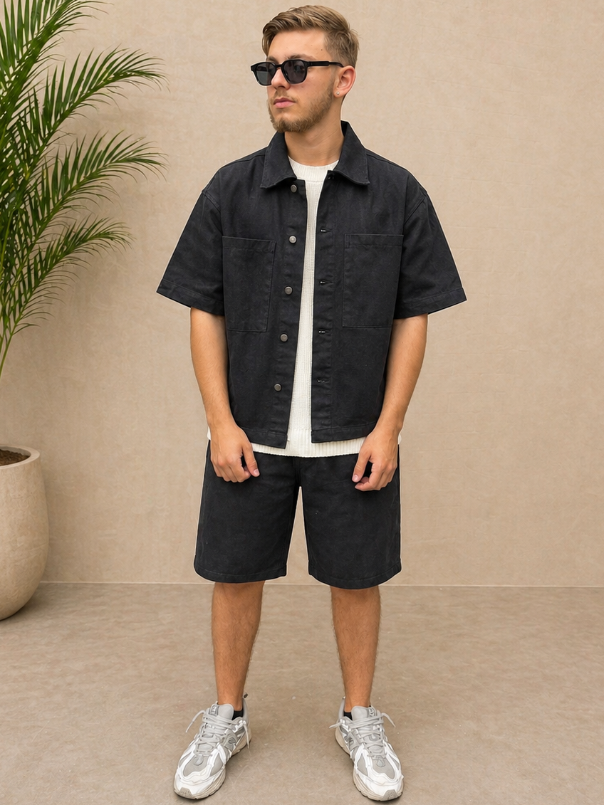 Ensemble short et chemise en jean noir