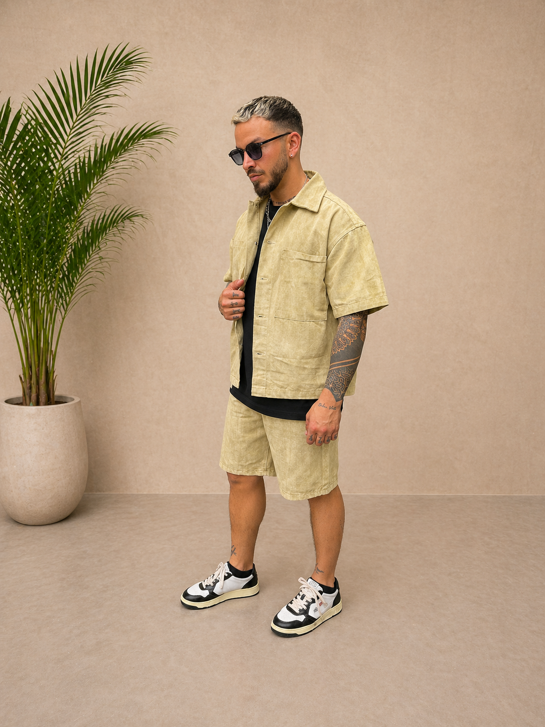 Ensemble short et chemise en jean beige