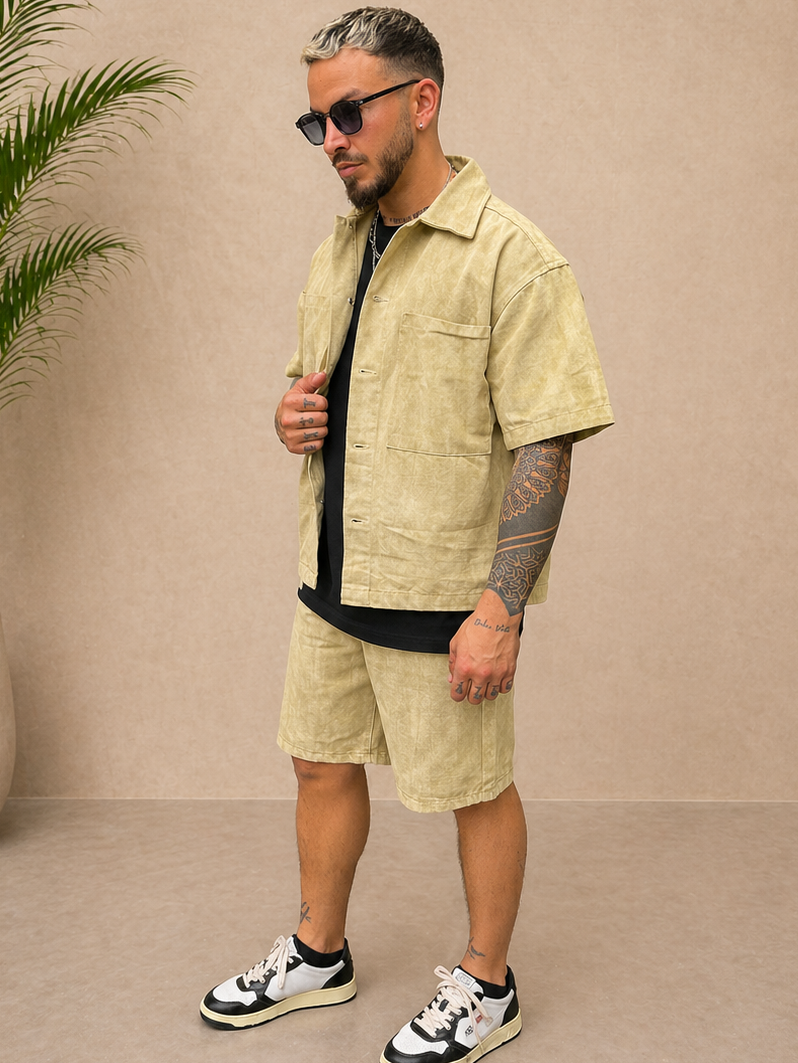 Ensemble short et chemise en jean beige