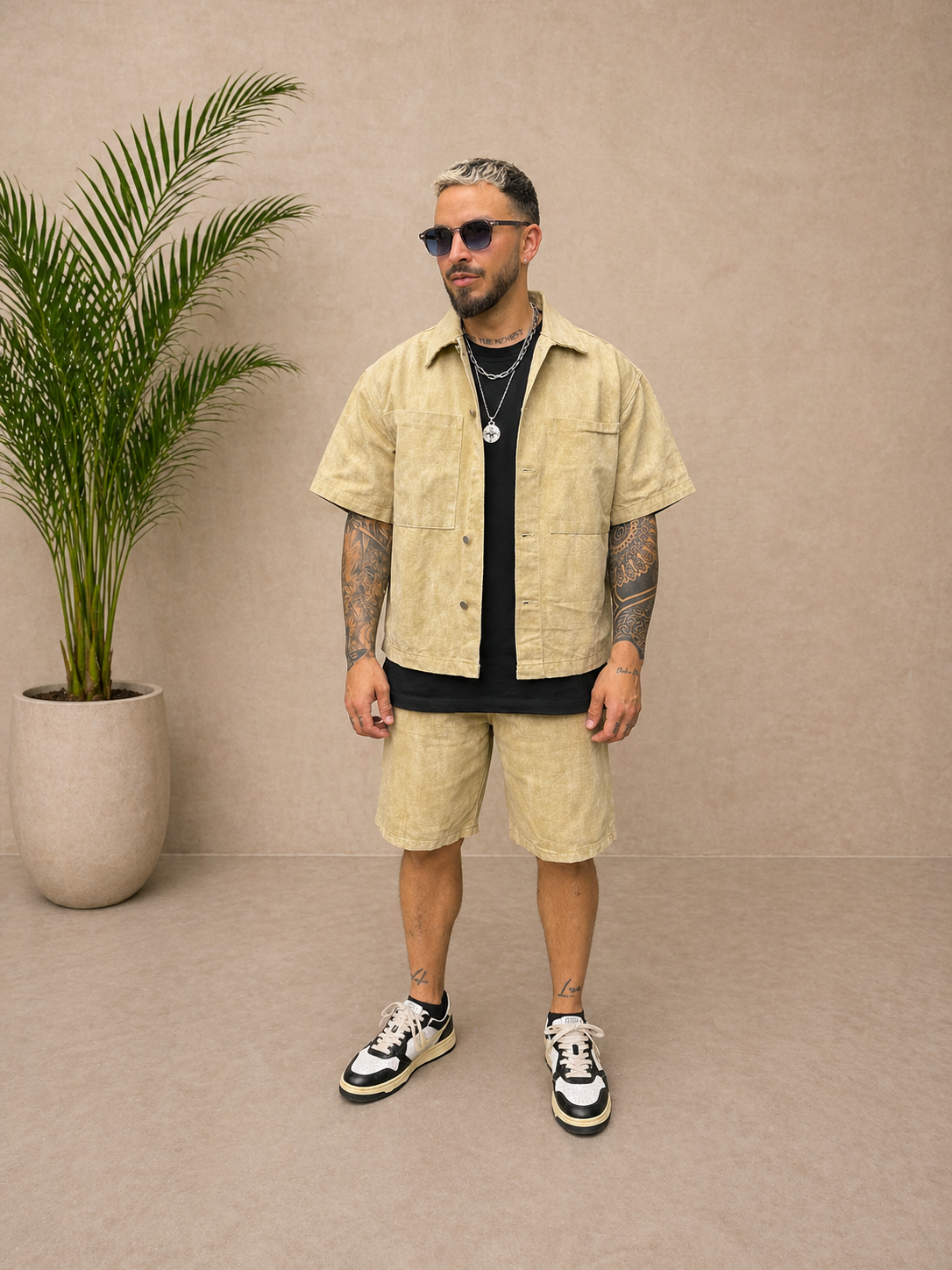 Ensemble short et chemise en jean beige