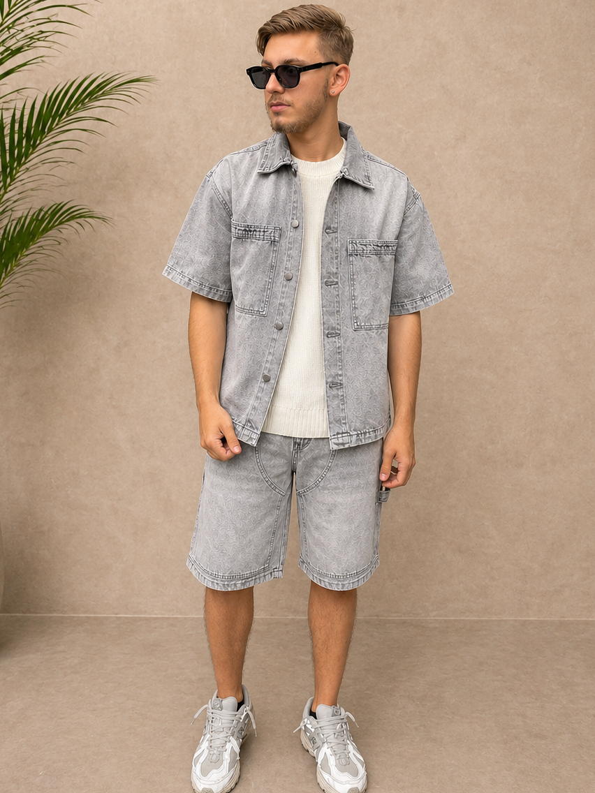 Ensemble short et chemise en jean gris clair