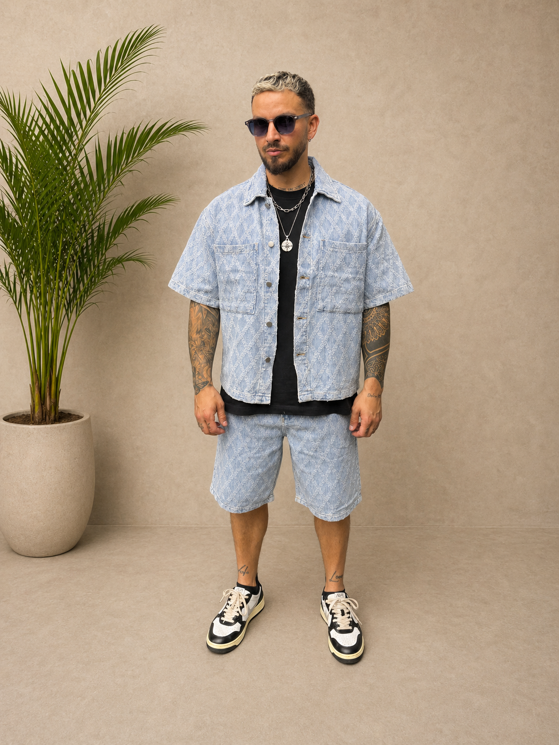 Ensemble short et chemise en jean bleu losange