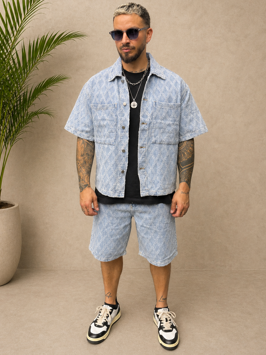 Ensemble short et chemise en jean bleu losange