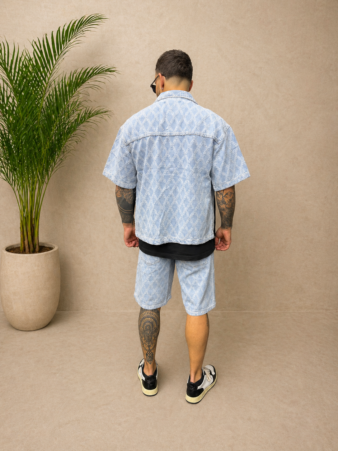 Ensemble short et chemise en jean bleu losange