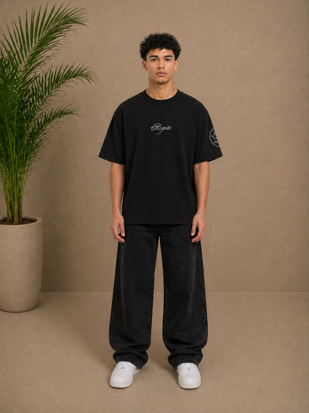 T-shirt oversize RESPIRE noir motifs cercles brodés