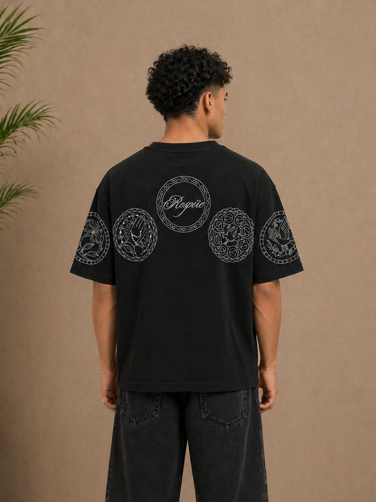T-shirt oversize RESPIRE noir motifs cercles brodés