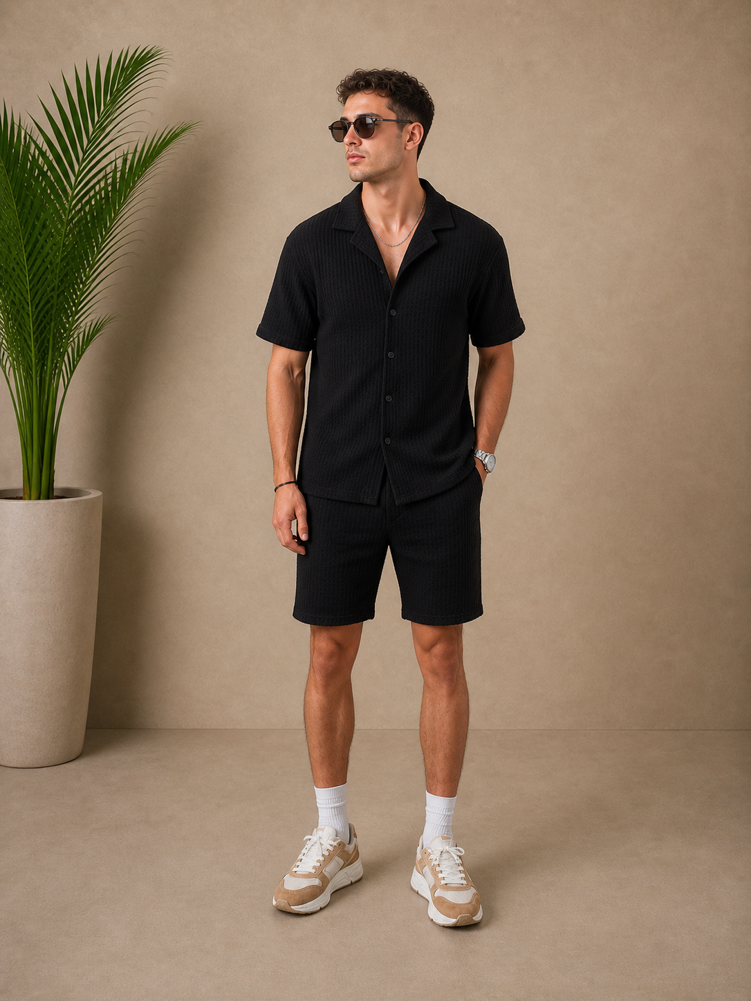 Ensemble short chemise maille noir