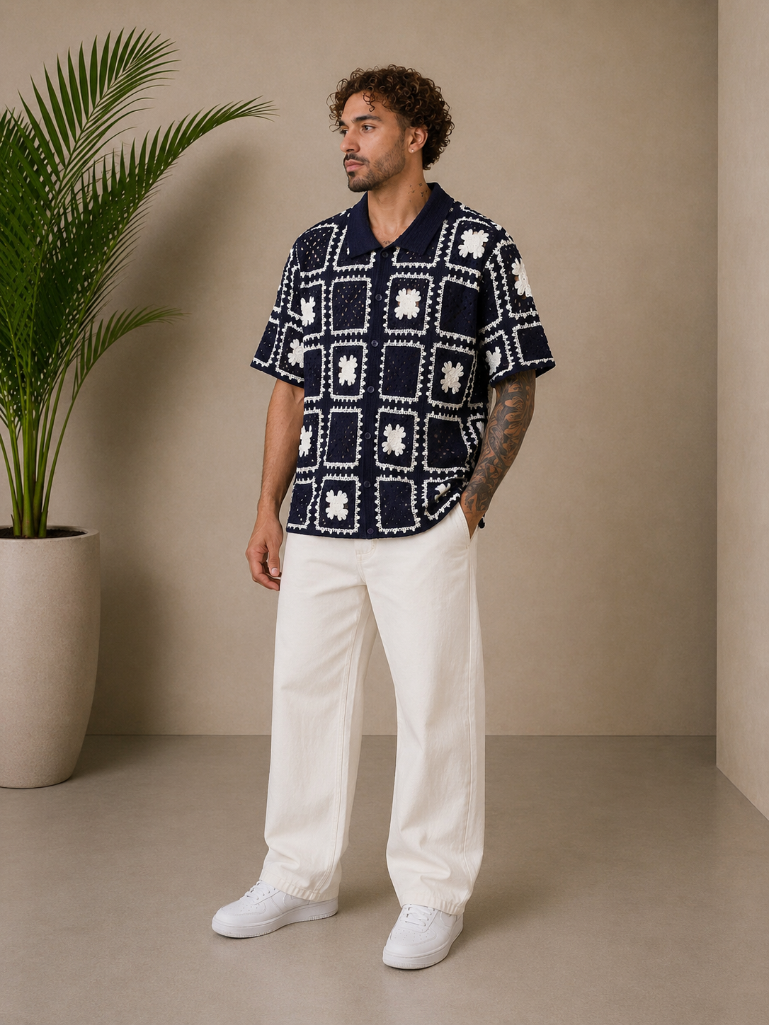 Chemise crochet navy / blanc