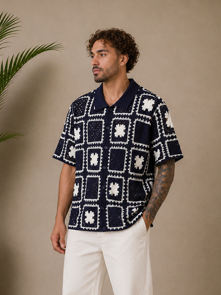 Chemise crochet navy / blanc