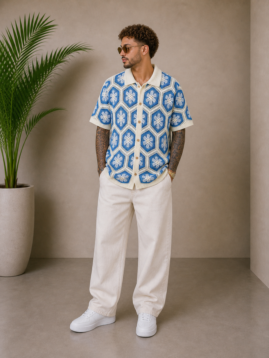 Chemise crochet bleu / blanc