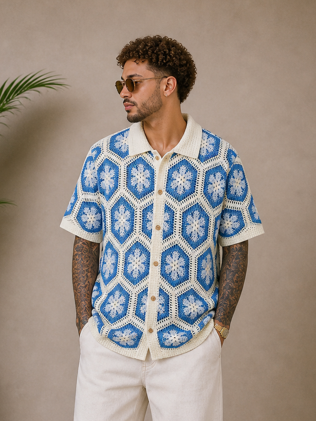 Chemise crochet bleu / blanc