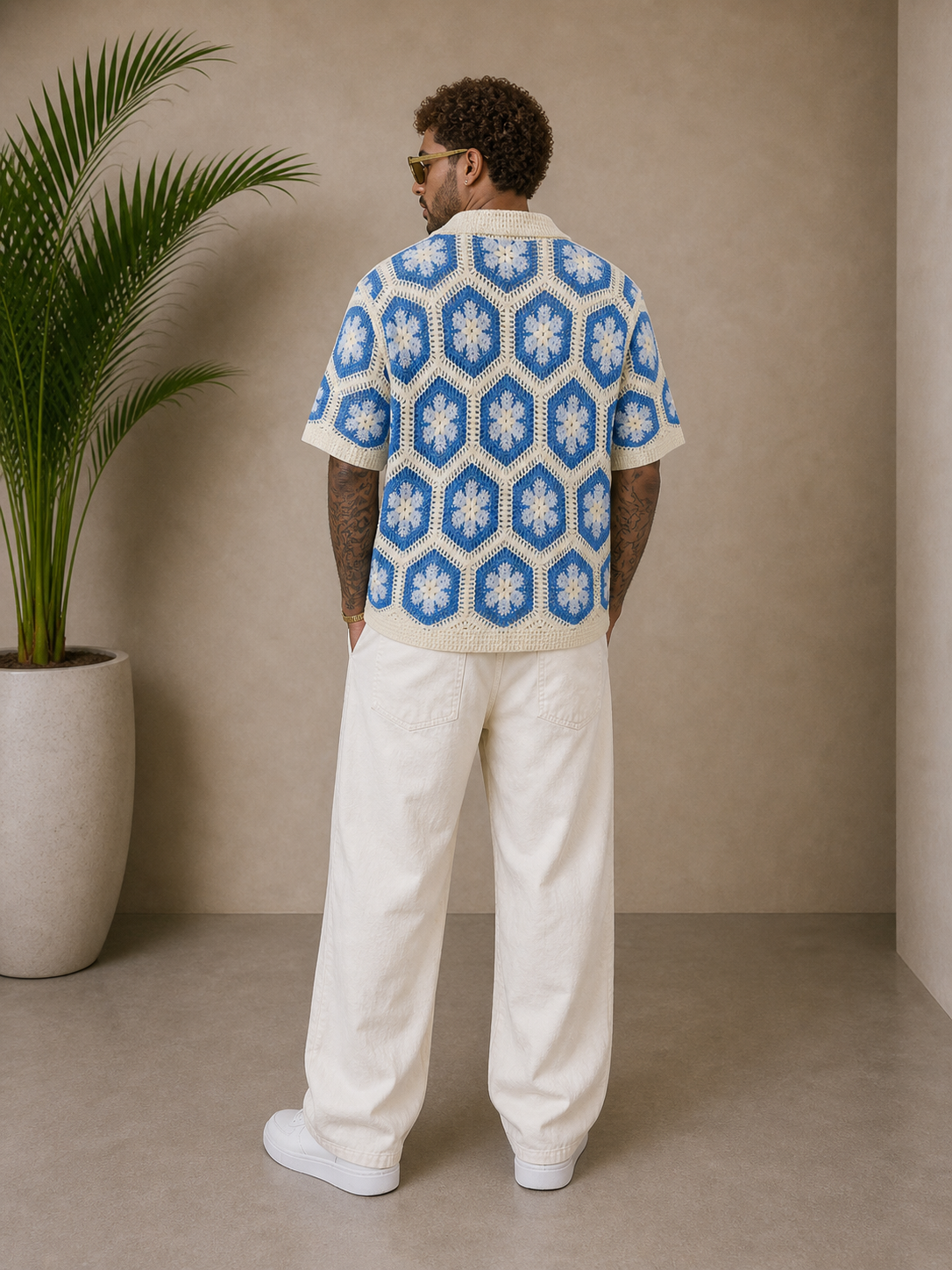 Chemise crochet bleu / blanc