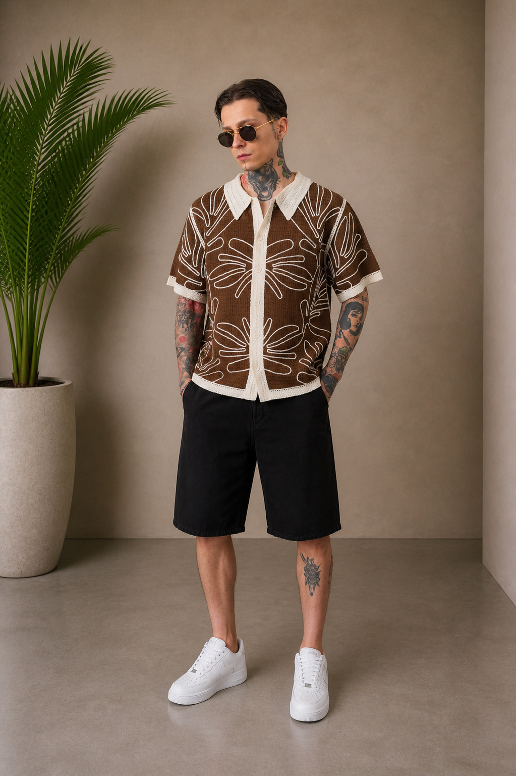 Chemise crochet motifs marron et beige
