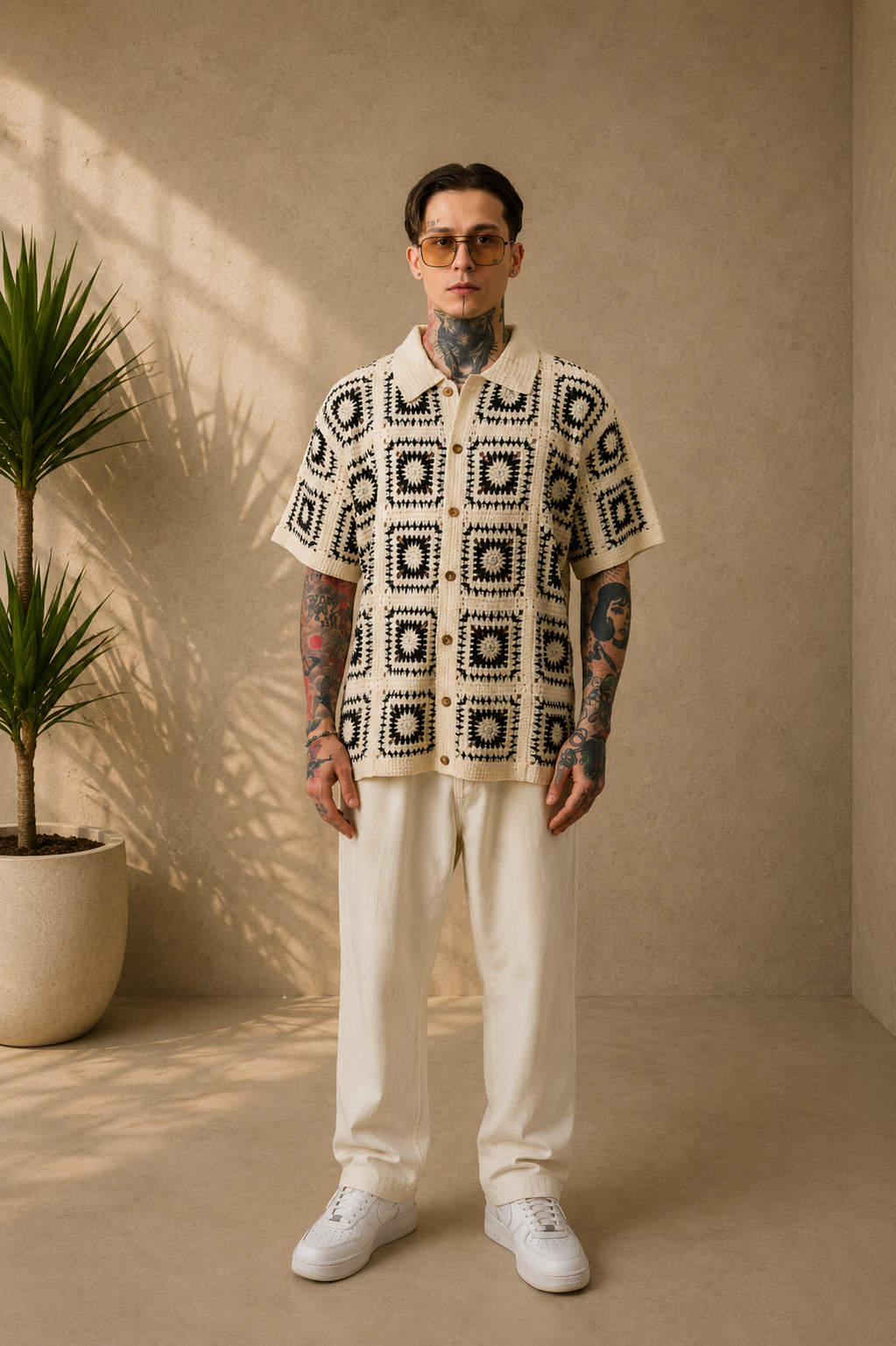 Chemise crochet beige noir et bleu