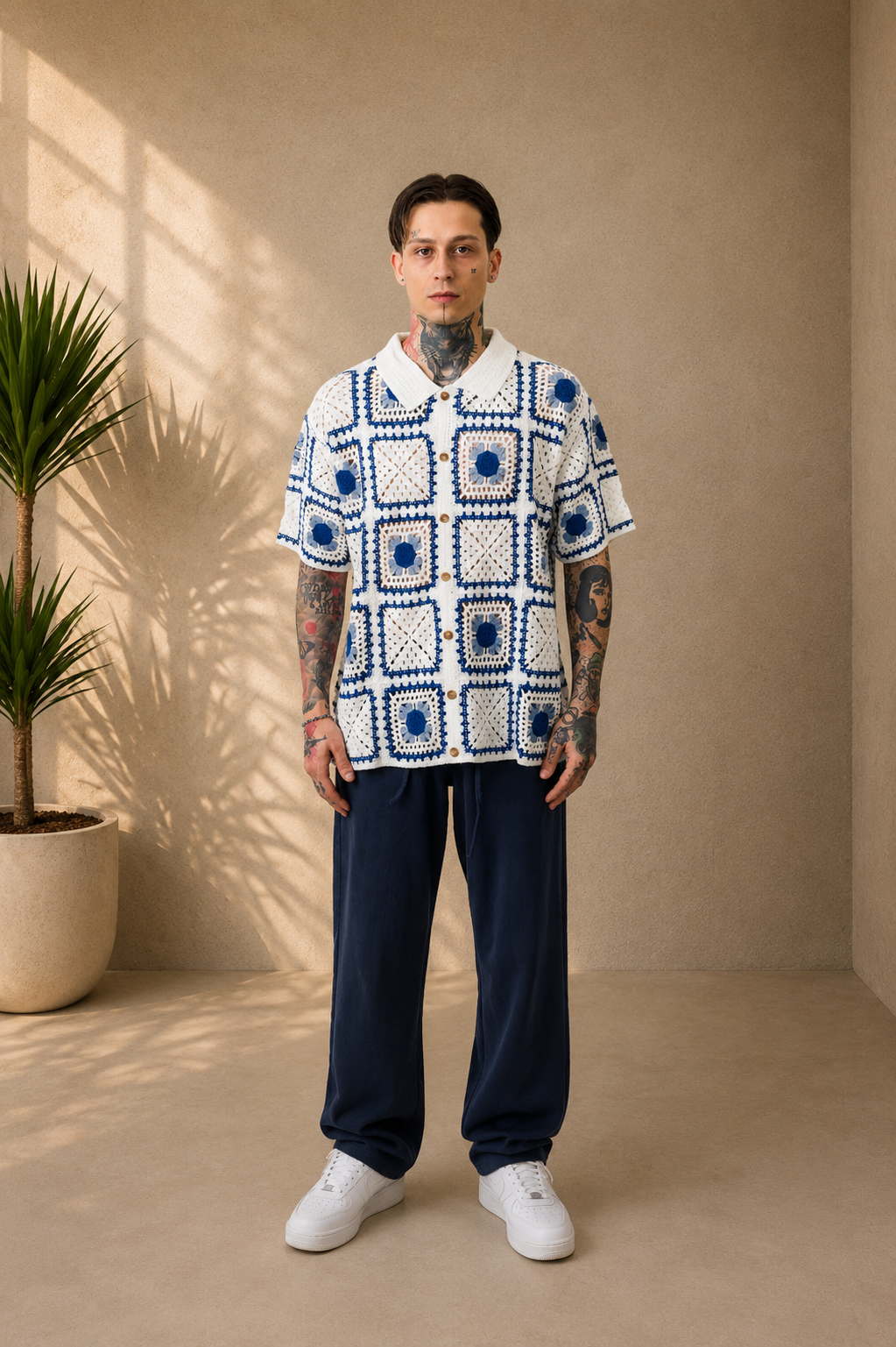 Chemise crochet blanche et bleu